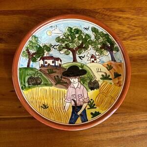 Handmade painted and carved terracotta bowl signed made in Portugal farmer scene